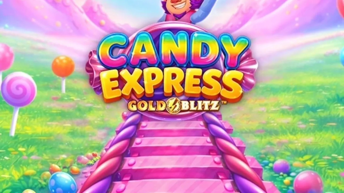 Tampilan visual slot Candy Express Gold Blitz dengan tema kereta permen yang penuh warna
