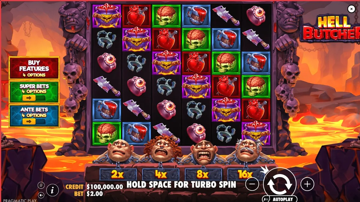 Tampilan antarmuka permainan slot Hell Butcher dengan tema horor yang mencekam