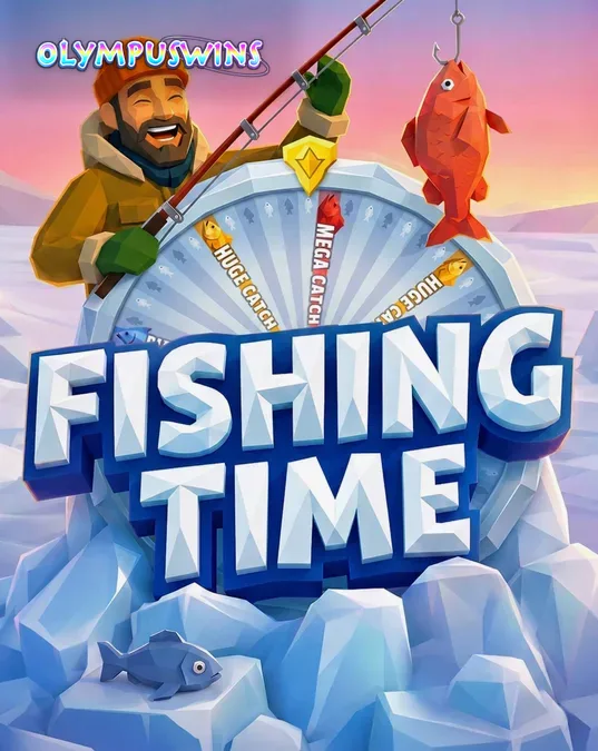 Tampilan antarmuka permainan Fishing Time dengan roda bonus dan latar belakang danau beku.